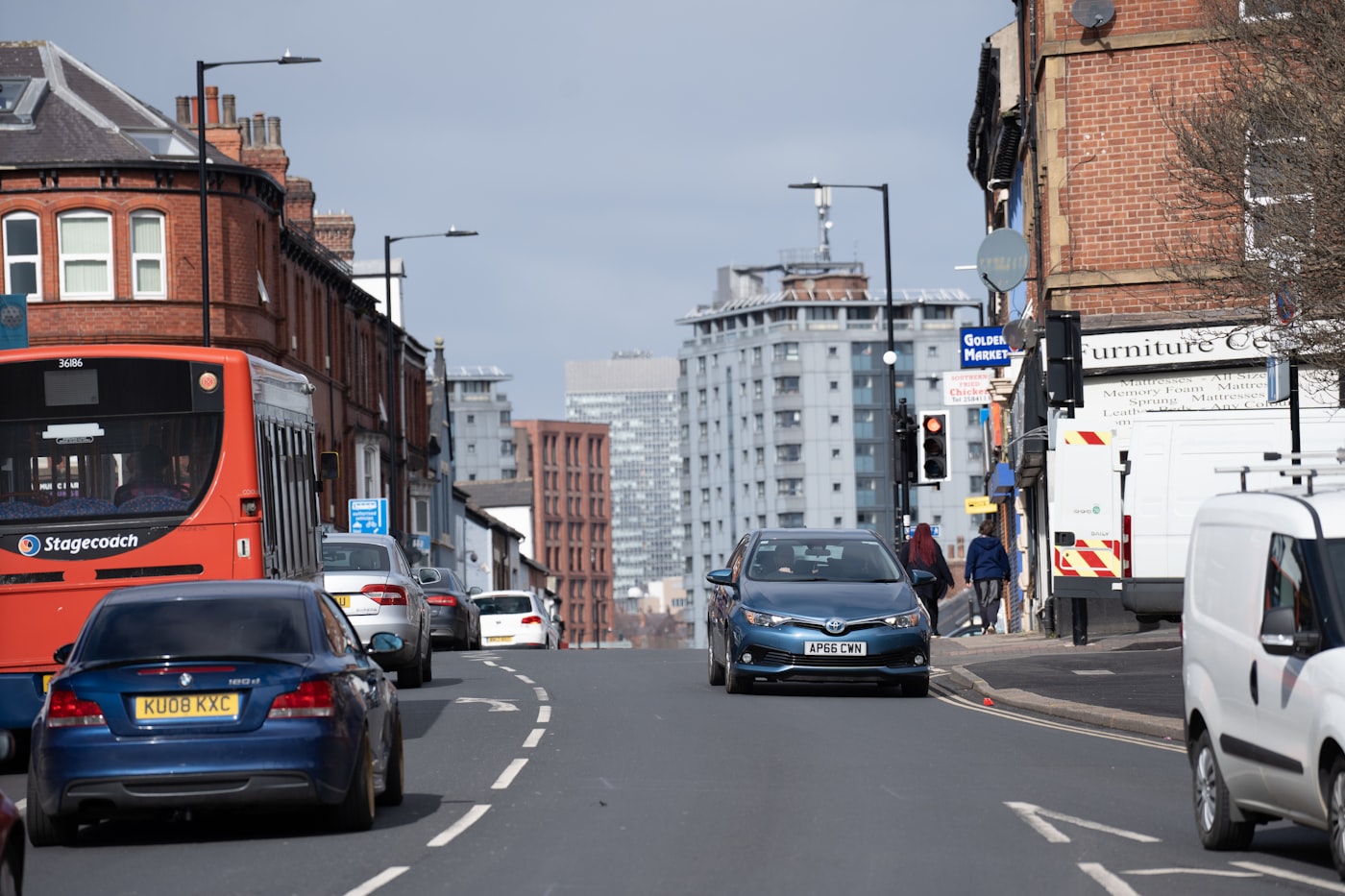 Traffic and shops along Abbeydale Road, Sheffield