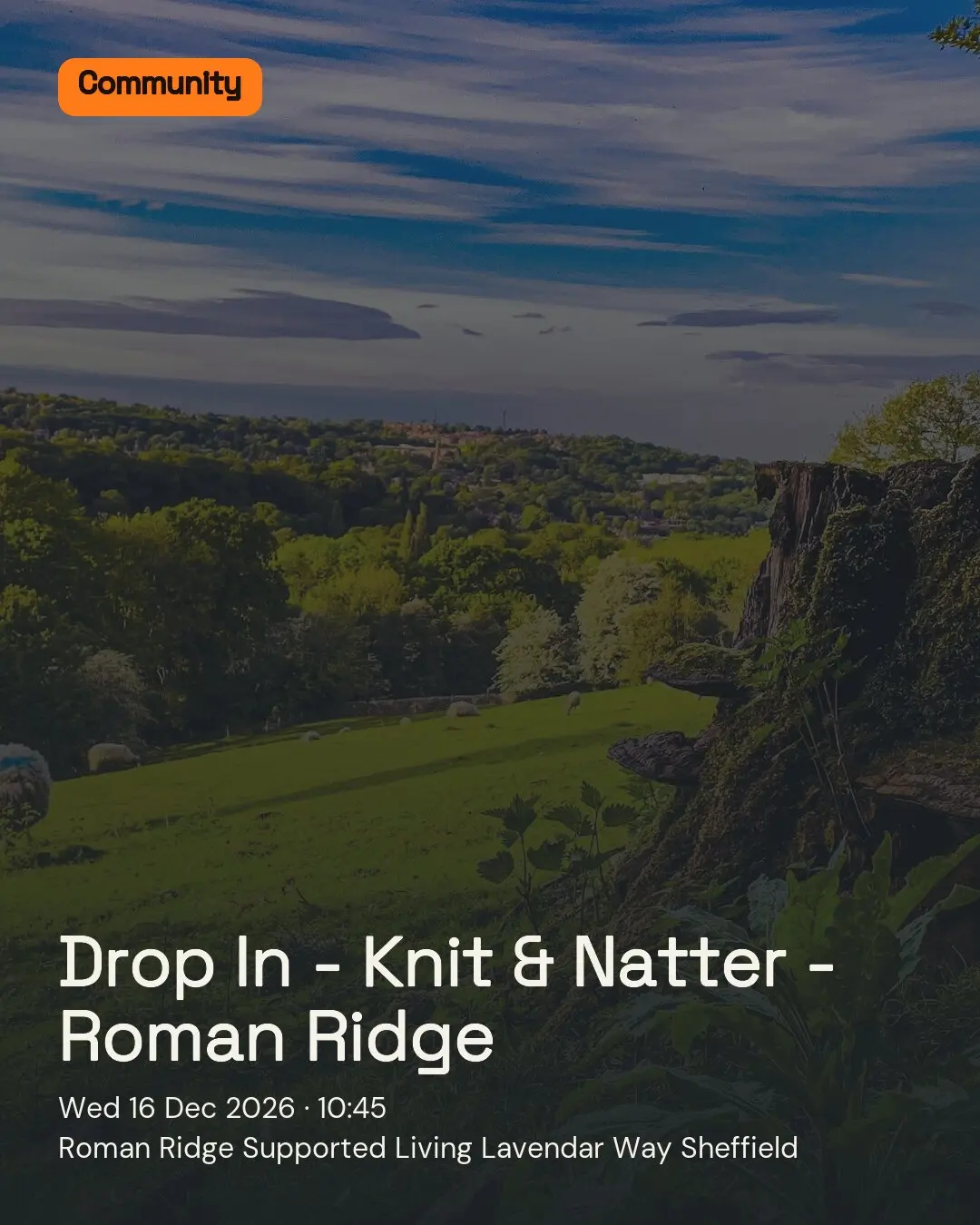 Drop In - Knit & Natter - Roman Ridge. Wed 16 Dec 2026. Roman Ridge Supported Living Lavendar Way Sheffield.