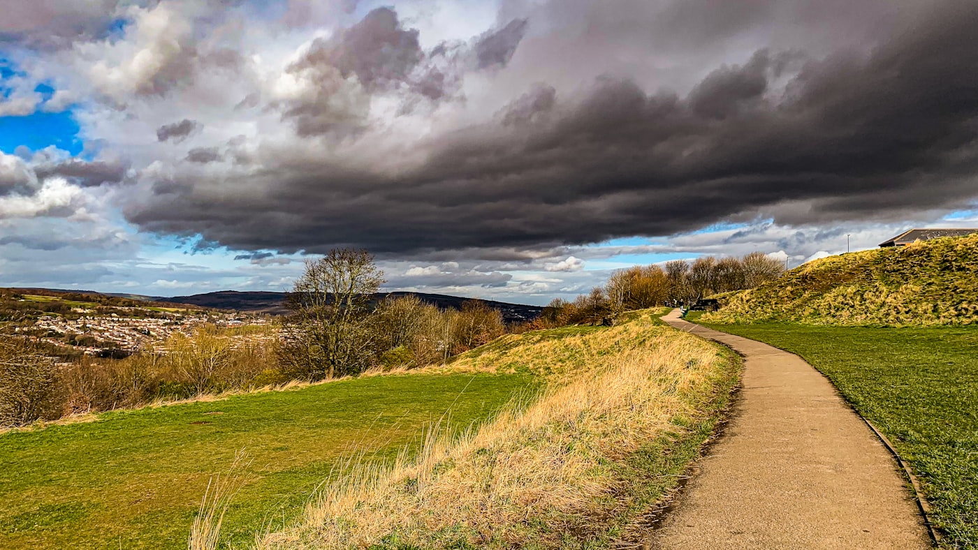A footpath through fields on the edge of the Peak District near Sheffield