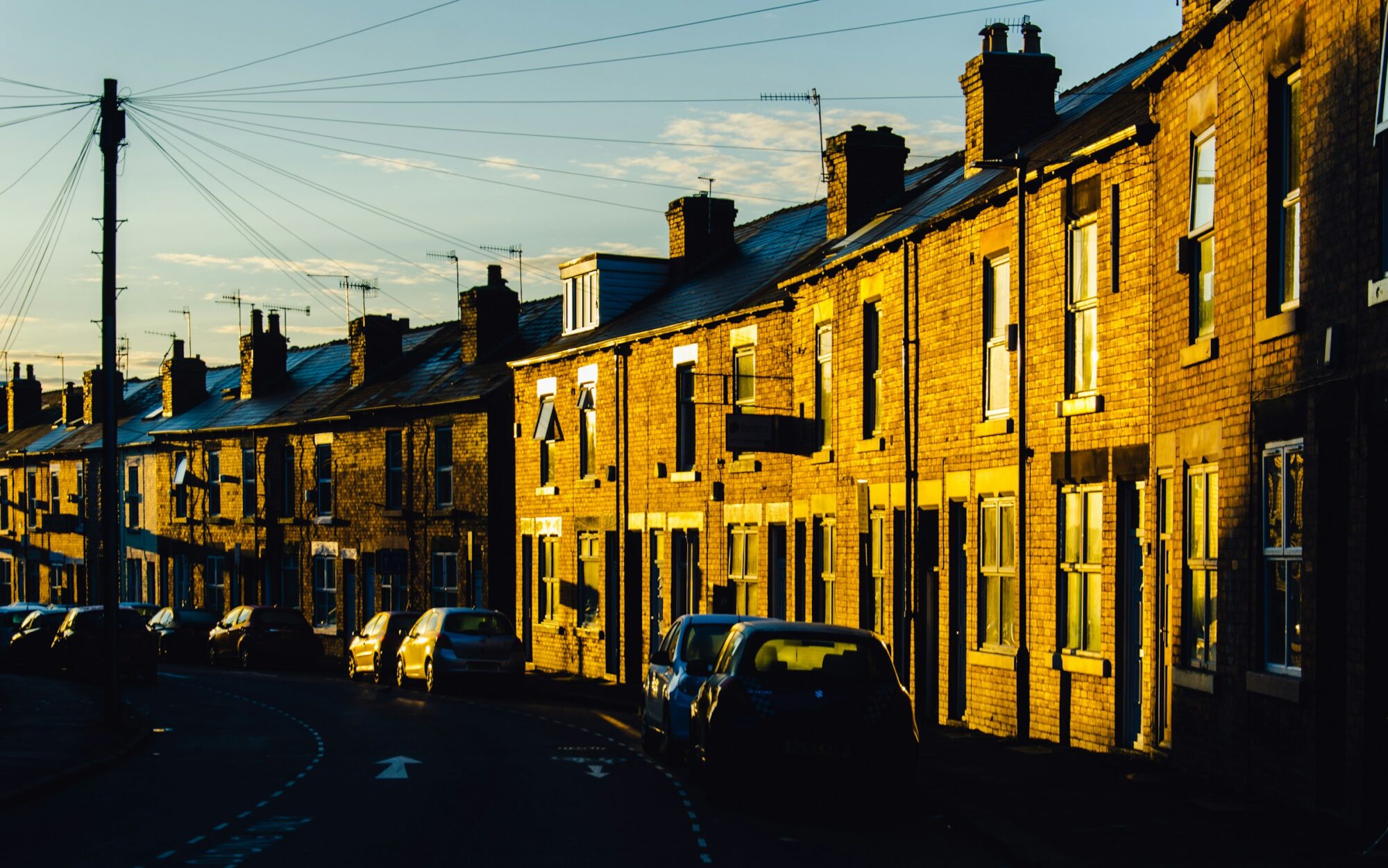Sunrise on the red brick terraces of Neill Road, Hunters Bar.