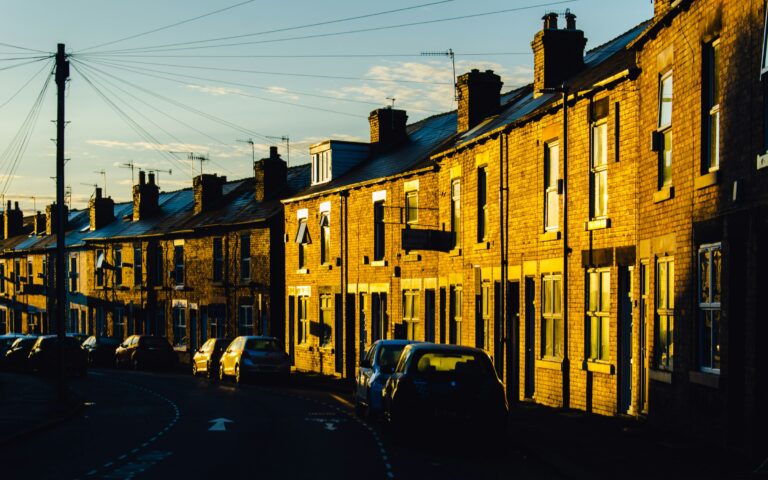 Light from Sunrise hitting red brick terraced houses on Neill Road, in Hunter’s Bar, Sheffield.