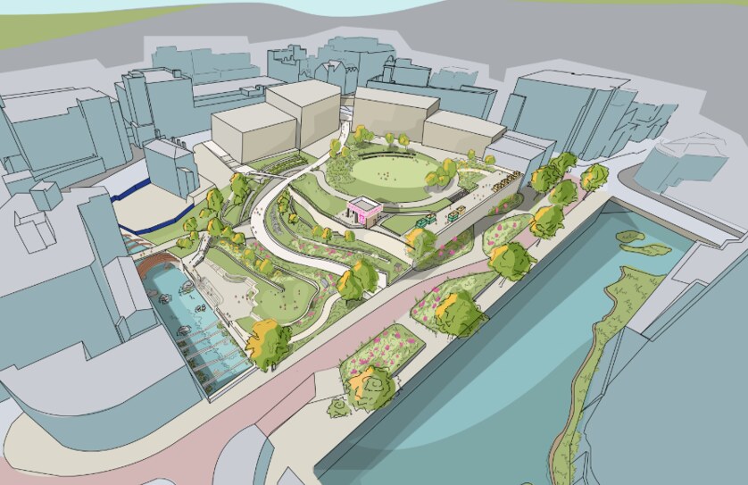 Artist's impression of Castle Hill Park in Sheffield, showing an oval events lawn, terraced paths and planting beside the opened-up river