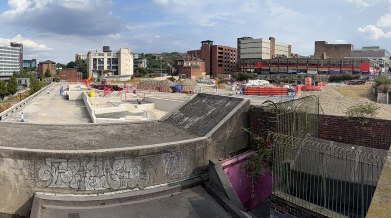 The Castle Hill Park building site at Castlegate, Sheffield, in August 2026, seen from a rooftop