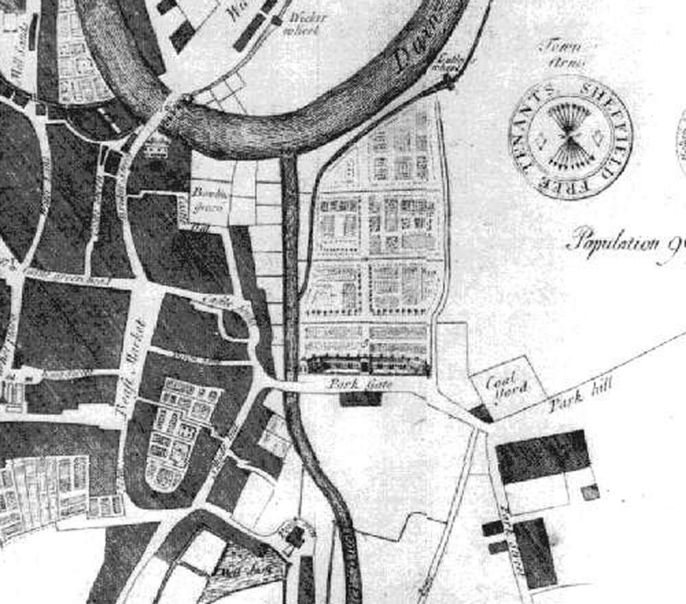 Detail of Ralph Gosling's 1736 plan of Sheffield showing the River Don, the River Sheaf and a bowling green on the old castle site