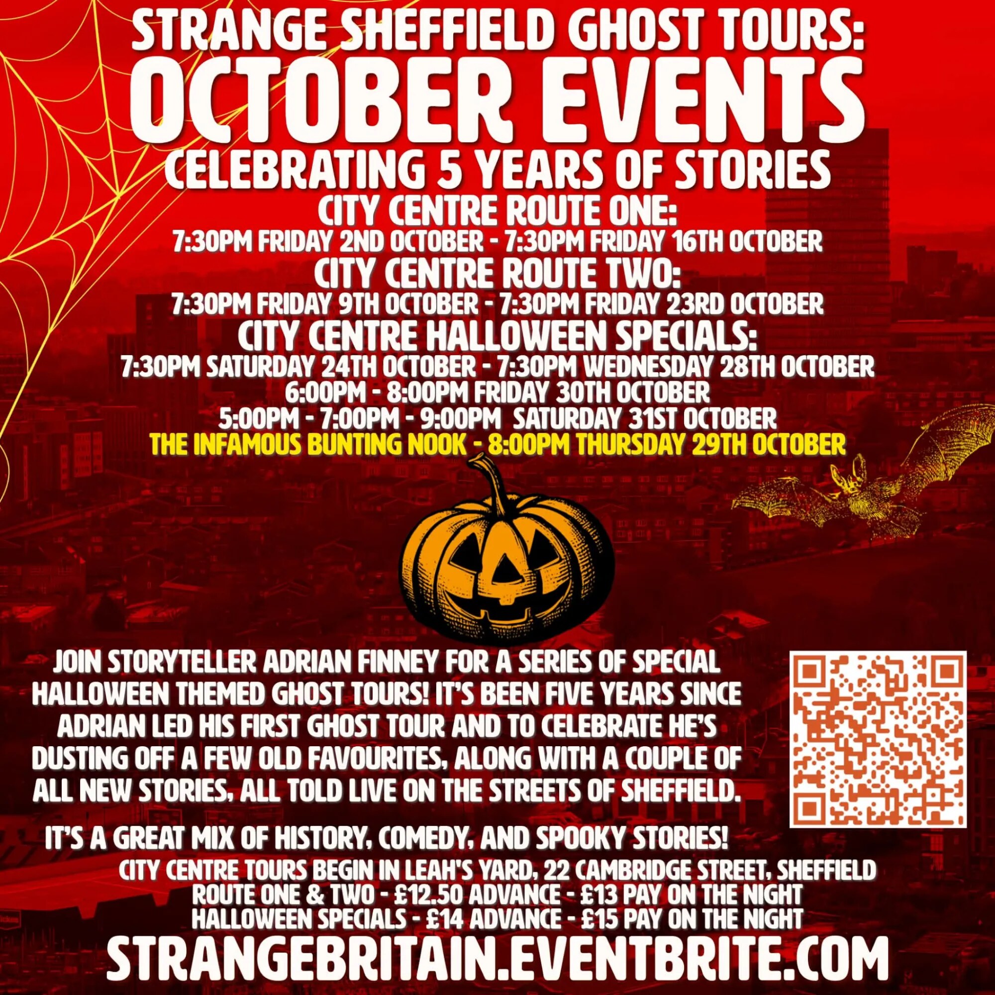 Strange Sheffield Ghost Tours October 2026 flyer: Route One and Two dates, Halloween specials from 24 to 31 October and the Bunting Nook anniversary walk on 29 October