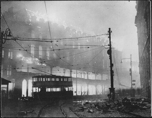 A building in Sheffield burning after an air raid in December 1940.