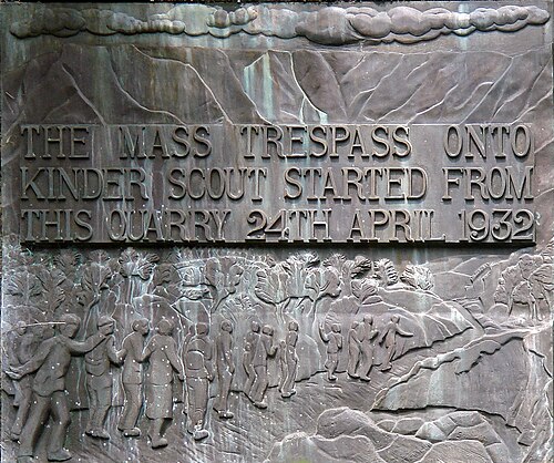 A stone plaque at Bowden Bridge quarry marking the start of the 1932 mass trespass.