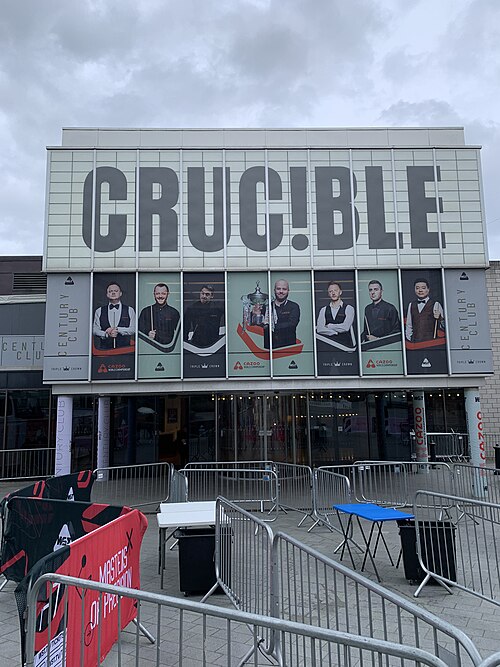 The Crucible Theatre dressed for the World Snooker Championship.