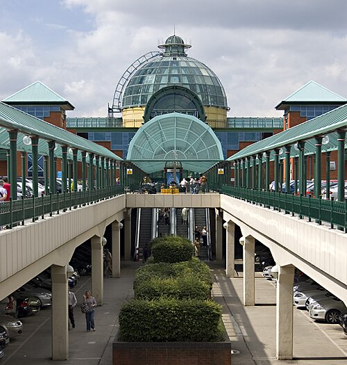 The glass domes and long halls of the Meadowhall shopping centre.