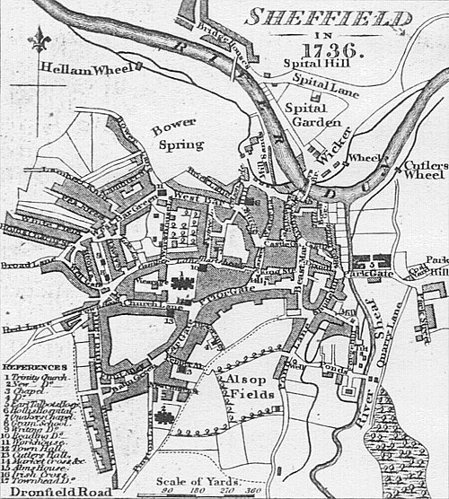 An eighteenth-century engraved view of Sheffield from the surrounding hills.