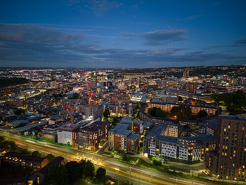 Sheffield city centre from above on an autumn evening.