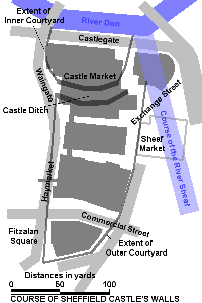 An artist's reconstruction of Sheffield Castle seen from the river.