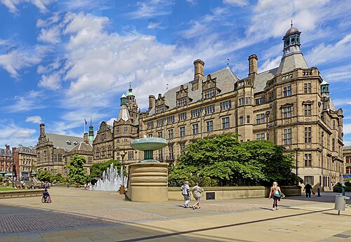 Sheffield Town Hall, a Victorian stone building with a clock tower.