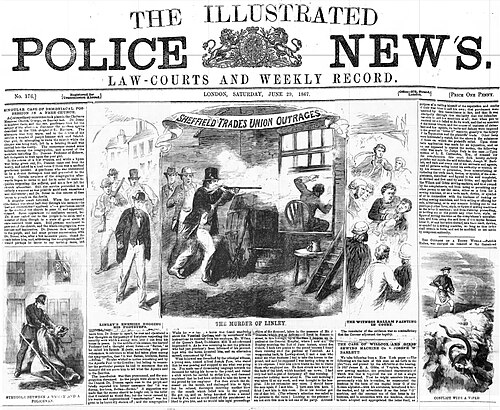 A crowded Victorian newspaper engraving of the Sheffield trade union outrages.
