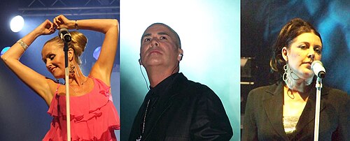 The Human League on stage under coloured lights.