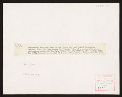 Pattern shop, Davy & United Engineering Co. Ltd., Park Iron Works, Sheffield. Reproduction, 1957, of a pre. 1914 photograph
