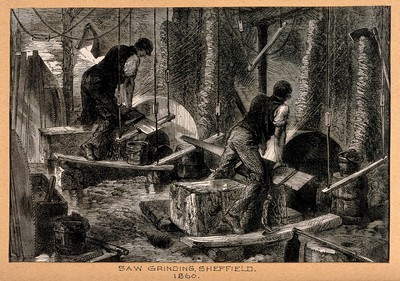 Men grinding saws in Sheffield. Wood engraving by M. Jackson after J. Palmer, 1866