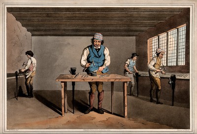 Sheffield: four cutlers working at benches with hammers and vices. Coloured aquatint by R. Havell after G. Walker