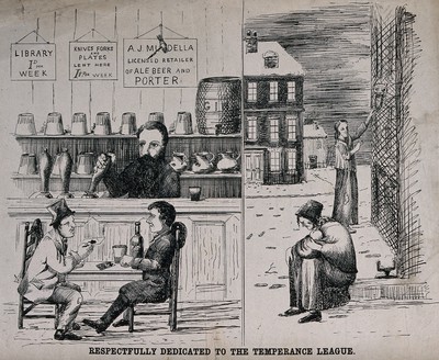The Sheffield election of 1868: (left) two men play cards and drink in a warm pub; (right) two women (one with a baby) beg and cower in a snowy street.…