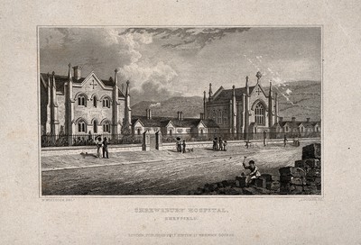 Shrewsbury Hospital, Sheffield, Yorkshire. Engraving by J. Rogers after N. Whittock