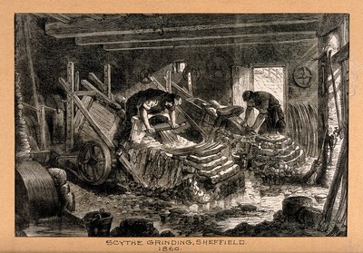 Men grinding scythes in Sheffield. Wood engraving by M. Jackson, 1866, after J. Palmer, 1865