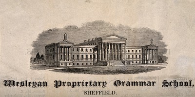 Wesleyan Proprietary Grammar School, Sheffield, Yorkshire: panoramic view. Wood engraving